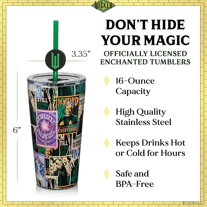 Dragon Glassware x Wicked: For Good 16 oz Blind Box Tumbler - Vacuum Insulated Tumbler Cup with 2 Straws - Stainless Steel Tumbler with Straw Topper for Water, Iced Tea