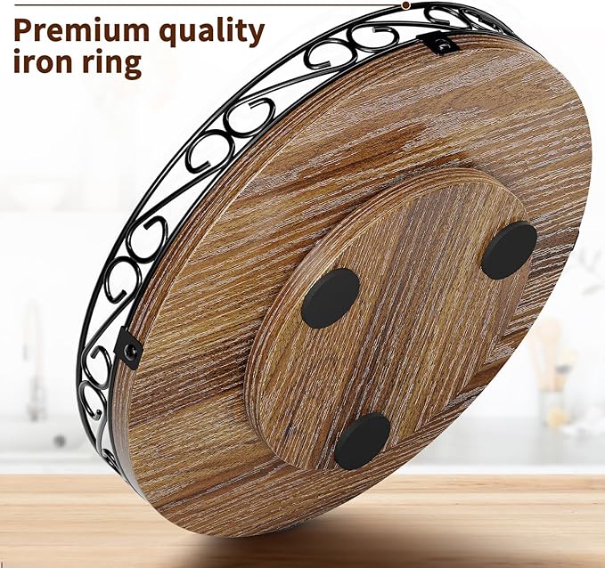 Yoobure 13" Lazy Susan Turntable for Cabinet - Farmhouse Wooden Round Tray for Table Top, 360° Rotating Lazy Susans Counter Organizer with Patterned Raised Edge for Kitchen Decor, Rustic Brown