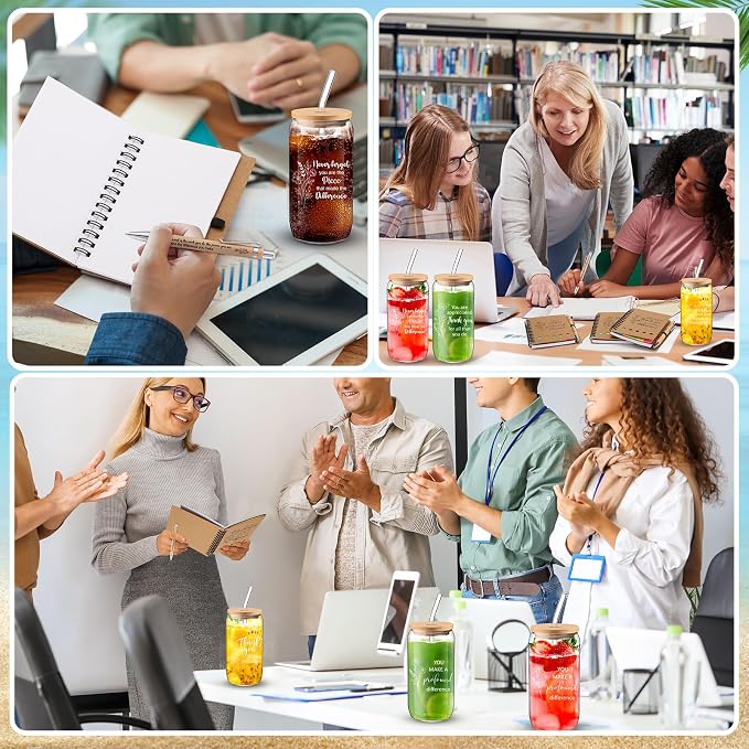 Skylety 12 Set Back to School Gifts for Teachers Bulk Thank You Eacher Gifts for Women Employee Appreciation 16 oz Glass Cups with Lids Straws Notebooks Pens for Team Coworker Nurse
