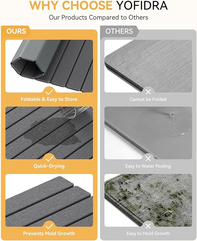 Yofidra Large Stone Dish Drying Mat for Kitchen Counter, Quick Dry Stone Mats with Absorbent Diatomaceous Earth, Foldable Roll Up Drying Organizer Pad for Utensils Plate, 24"×16", Dark Gray