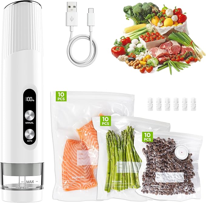 Compact Vacuum Sealer for Food, Cordless Handheld Vacuum Sealer Machine with 30 Reusable Bags, 1800mAh Rechargeable Portable Food Saver for Sous Vide, Meal Prep, Meat & Vegetables