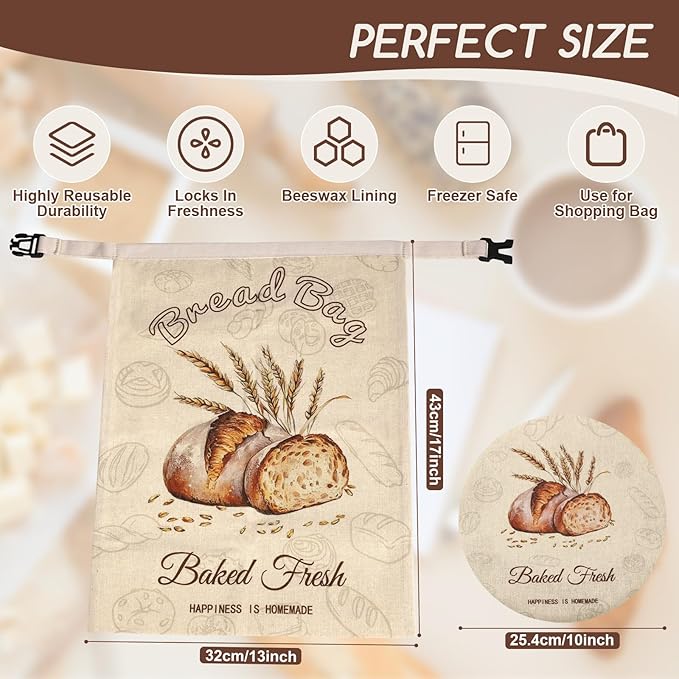 Beeswax Bread Bags for Sourdough, 2 Pack Reusable Bread Bag for Storage XL 17x13 Inch, Large Linen Beeswax Bread Bags for Homemade Sourdough with 1 Linen Bowl Cover - Keep Fresh, Freezer Safe