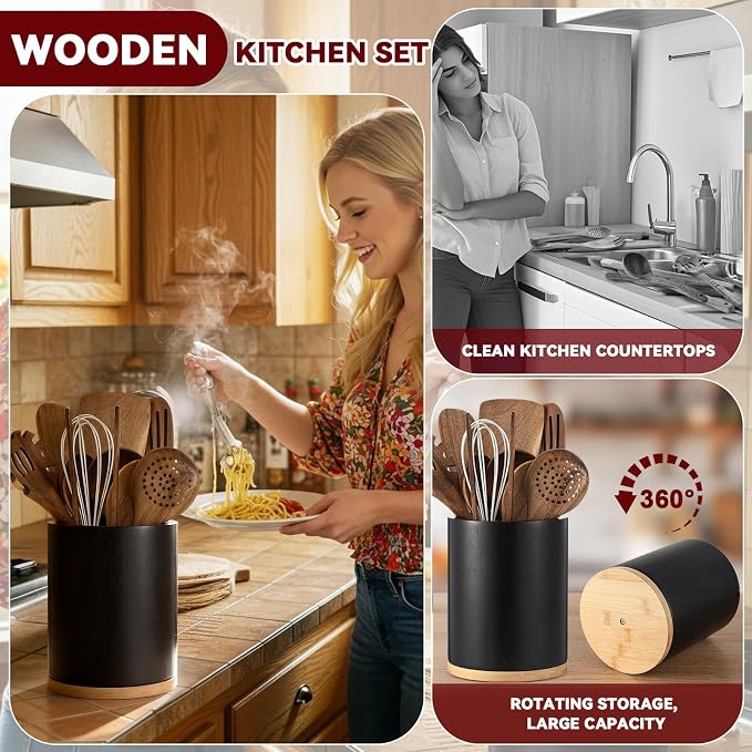 SiliFine 11 Pcs Wooden Kitchen Utensils Set with 360° Rotating Holder Acacia Wood Cooking Utensils with Cooking Spoons Spatulas for Nonstick Cookware Countertop(Straight Wood Holder,Black)