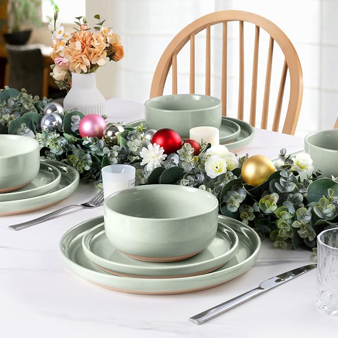 LIANYU Plates and Bowls Sets, 18 Piece Modern Speckled Dinnerware Set, China Dinnerware Dishes, Service for 6, Scratch Resistant & Dishwasher Safe, Fog Green