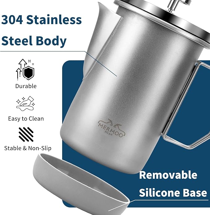 MERMOO YILAN Stainless Steel French Press with Folding Handle 32oz Silver | for 4-6 Cups|Also a Milk Frother& Tea Maker|Non-slip Silicone Base|Compact Size for Camping, Travel, Backpacking,RV