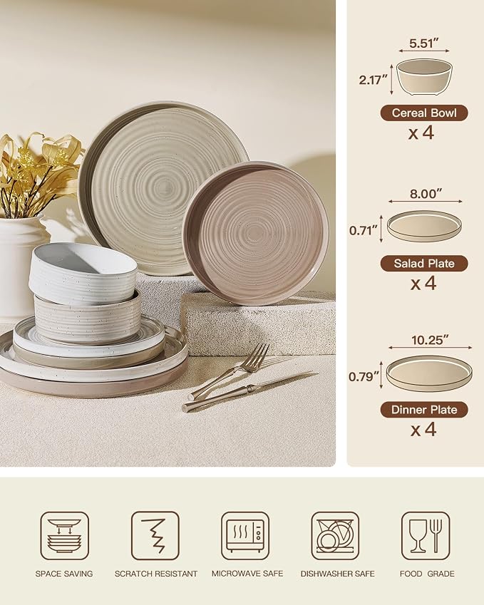 Stoneware Dinnerware Sets for 4, 12-Piece High Edge Plates & Bowls with Speckled Glaze & Spiral Design - Chip & Scratch Resistant, Microwave & Dishwasher Safe - Farmhouse, Multicolor