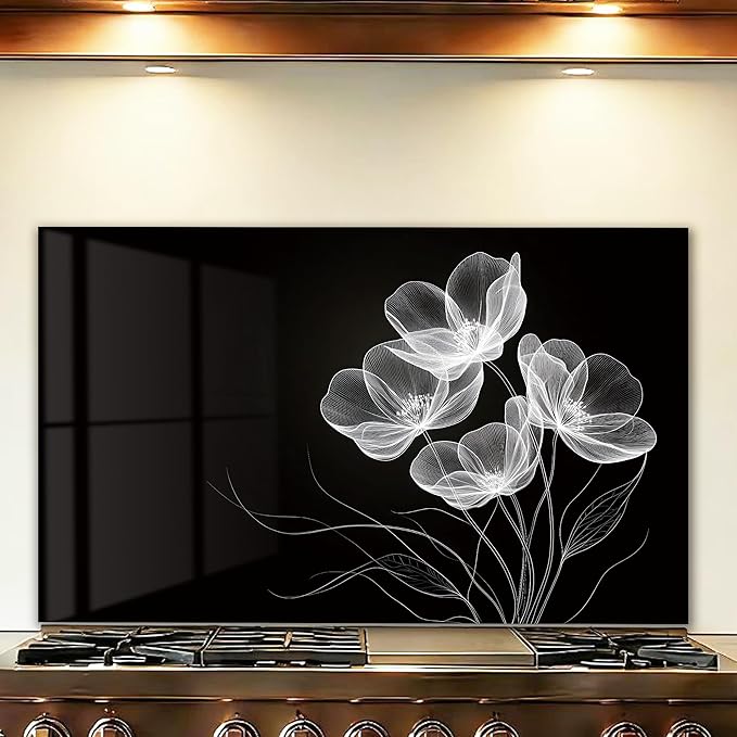 LMSDYSHU Tempered Glass Backsplash for Kitchen, Black line stripes, Frameless, Stove Backsplash Protector for Wall,Easy to Clean, Home Decor (30"x18")