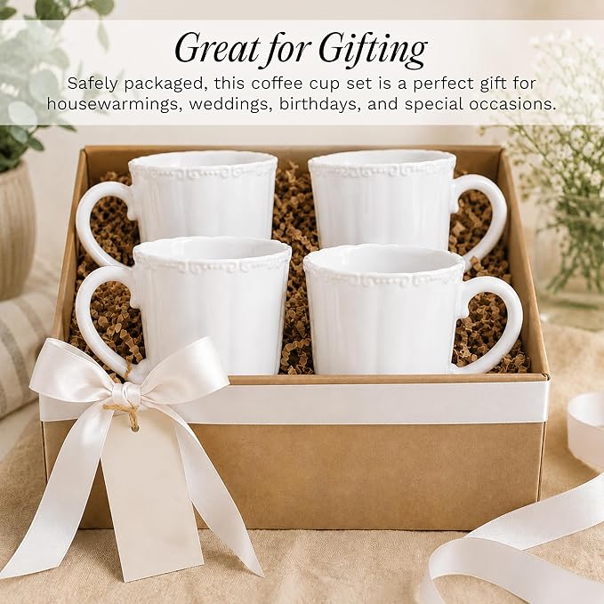 SANGO Bethany White Mugs Set of 4, 12 oz Stoneware White Coffee Mugs, Vibrant Ceramic Drinkware for Coffee, Tea or Cocoa, Durable Everyday Cups, Dishwasher & Microwave Safe, Kitchen Mug Set