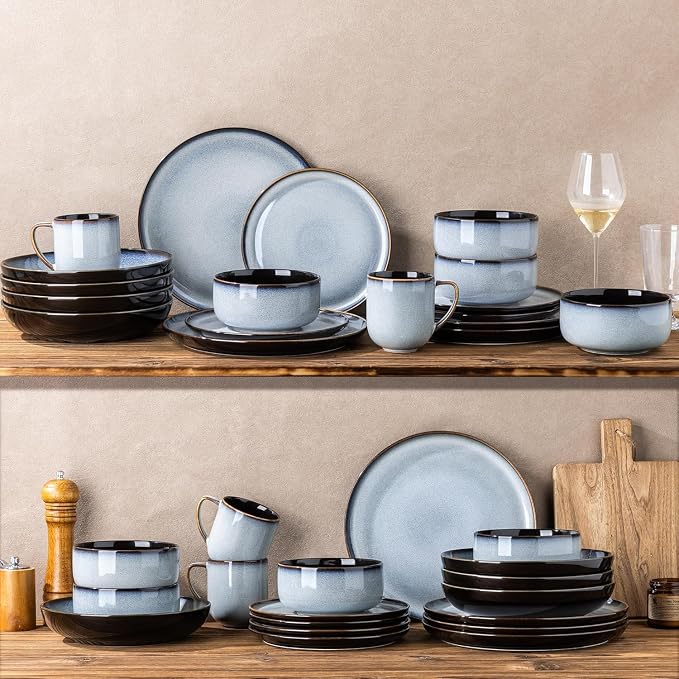 LeRatio Ceramic Dinnerware Sets for 6,Porcelain Plates and Bowls Sets,Handmade Reactive Glaze Dishes Set,Chip Resistant and Scratch Resistant | Oven&Dishwasher & Microwave Safe-Gray White(18PCS)