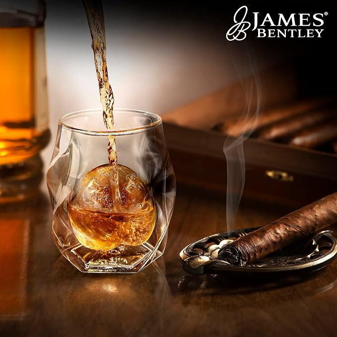 JAMES BENTLEY JB Whiskey Glasses – Double Wall, Hand Blown Borosilicate Glass, Enhances Aroma and Flavor, Premium Quality for Bourbon & Whiskey Tasting — Set of 2 Glasses with 2 Ice Ball Molds