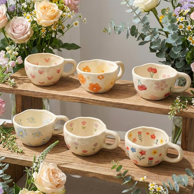 Maxdot 6 Pcs 12oz Ceramic Coffee Mugs Sets Glazing Process Cappuccino Mug Floral Ceramic Tea Cups Idea Gift Set for Women Porcelain Cup for Coffee, Cocoa, Tea, Latte (Retro) (Cute)