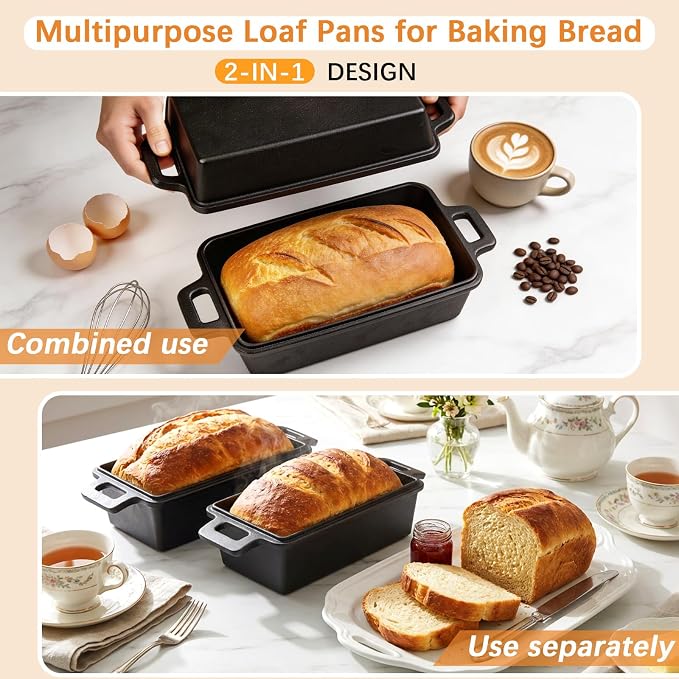 9×5 Inch Cast Iron Loaf Pans with Lids Even Heat Distribution for Baking Bread, Non-Stick Bread Pans for Homemade Sandwich and Sourdough Bread