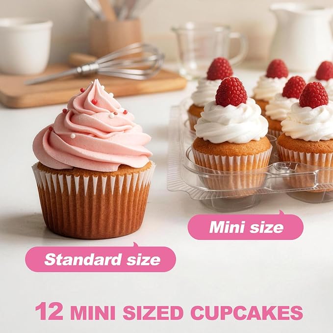 LotFancy (12 Count x 40 Sets) Mini Cupcake Containers with 480 Liners, Clear Plastic Cupcake Boxes Holders, Dozen Disposable Cupcake Carriers with Detachable Lid