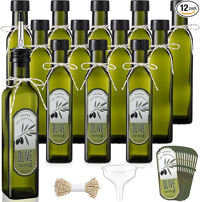 Honeydak 12 Sets 8 oz Glass Olive Oil Bottles Mini Empty Sauce Condiment Bottles with Pourers Sticker Glass Olive Oil Dispenser Vinegar Dispenser for Storing Wedding Baby Shower Gifts