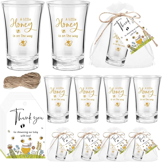 Pickmesh 25 Sets Honey Bee Baby Shower Shot Glasses for Guests Include Little Honey Is on The Way Acrylic Shot Glasses Bee Cards Bags for Gender Reveal Summer Party Favors Supplies