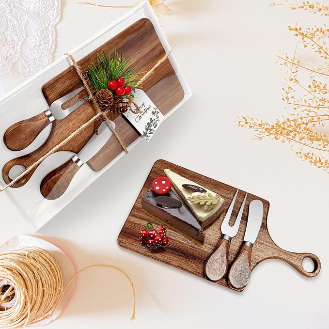 36 Pcs Christmas Gifts Bridal Shower Favor Acacia Wooden Square Cheese Board Gift Set With Knives, Mini Cutting Board Bulk Set, Tags and Boxes for Party Birthday