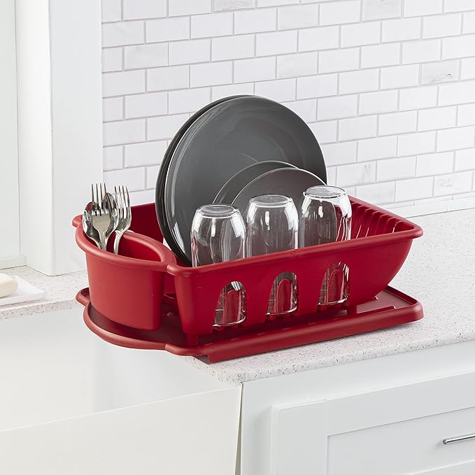 Sterilite 2 Piece Sink Set, With Drainboard for Drying, Holds Clean Dishes in the Kitchen such as Plates, Cups, Bowls, and Silverware, Red, 6-Pack