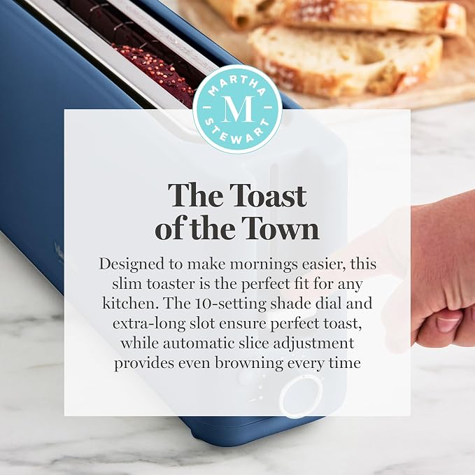 Martha Stewart 2 Slice Long Slot Toaster, Extra Wide for Sourdough & Bagels, 10 Setting Shade Control, Removable Crumb Tray, Self-Centering Design, Defrost/Reheat, Cancel, Slim Space-Saving, Indigo