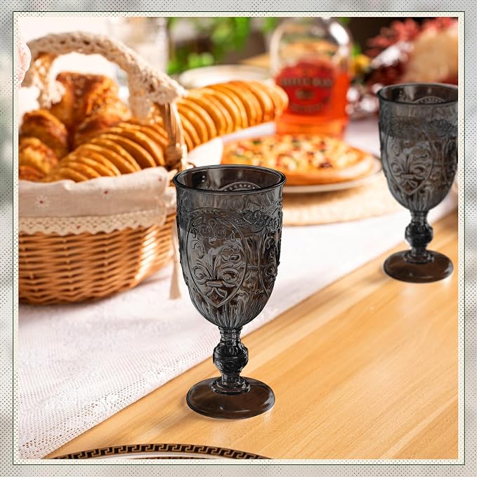 Wiwiqing 6 Pcs Plastic Goblets 7.5oz Vintage Goblet Plastic Wine Glasses Colored Retro Embossed Water Goblets for Wine Bar Juice Baby Shower Wedding Reception Grand Event Party (Black)