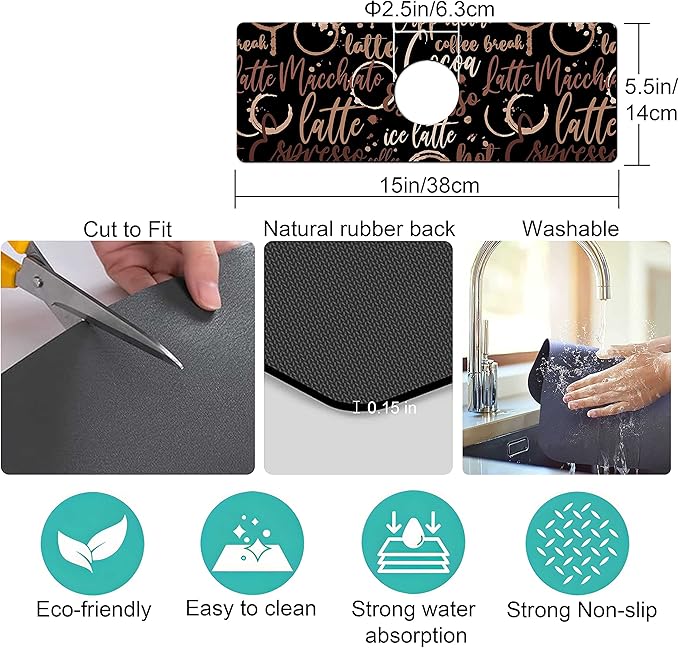 Kitchen Sink Splash Guard Faucet Mat Super Absorbent Fast Drying Mat Sink Gadgets Splash Guard Behind Faucet Drip Catcher for Kitchen (Coffee, 15x5.5in)
