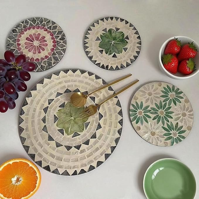 13 Inch Mother of Pearl Shell Placemat Plate – Large Round Decorative Heat for Table or Kitchen, Cabinet, Tabletop (Black and White Leaves, 13 Inch)