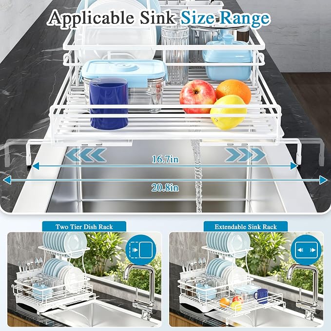 2 Tier Dish Drying Rack, Large Extendable Dish Racks for Kitchen Counter , Dishrack with Drainboard, 2-in-1 Anti-Rust Stainless Steel Dish Drainer with Utensil Holder (White, double of Dish Rack)