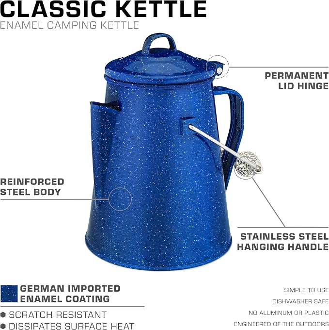 COLETTI Classic Camping Kettle 60 oz — Tea and Camp Kettle, NO Aluminum or Plastic, Ideal for Boiling Water [Blue Enamel]
