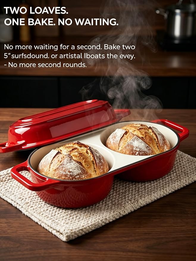 Mini Double Dutch Oven for Sourdough Bread – Enameled Cast Iron Loaf Pan with Dual Loaf Design, 500°F Oven Safe Non-Stick Cast Iron Dutch Oven, Small Loaf Baker for Artisan Baking