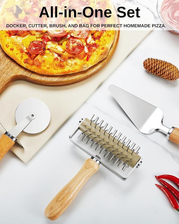 Pizza Dough Docker Roller with Stainless Steel Spikes, Pizza Wheel & Pie Server, Cleaning Brush and Canvas Bag – Perfect for Homemade Pizza, Pie & Pastry