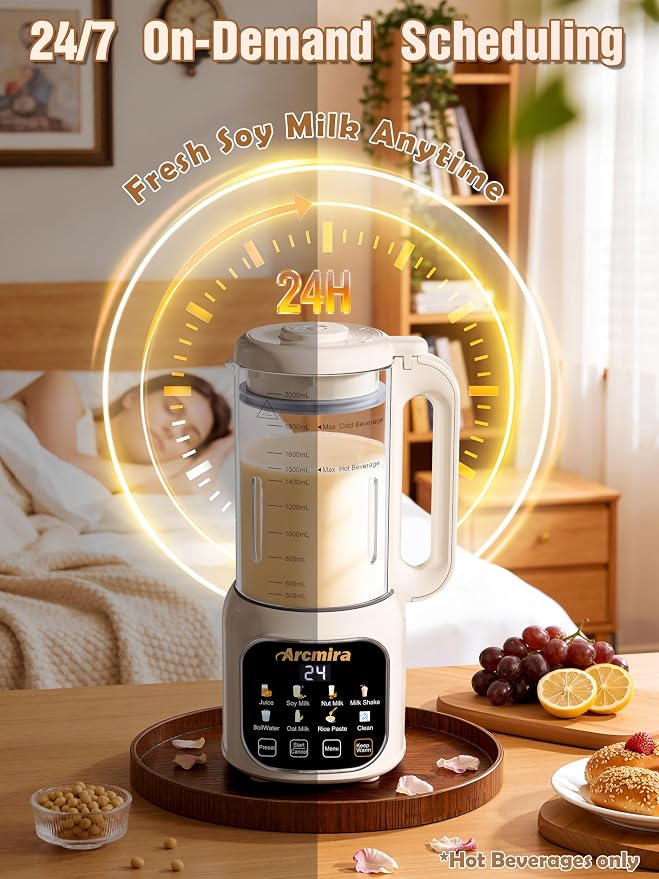 Arcmira 68oz Automatic 8-in-1 Nut Milk Maker, 10 Blades -No Soak, Self-Clean, Delay Start & Keep Warm, for Almond/Soy/Oat Milk, Juice, Boil Water, Shakes - Plant-Based Dairy Free for Family & Party