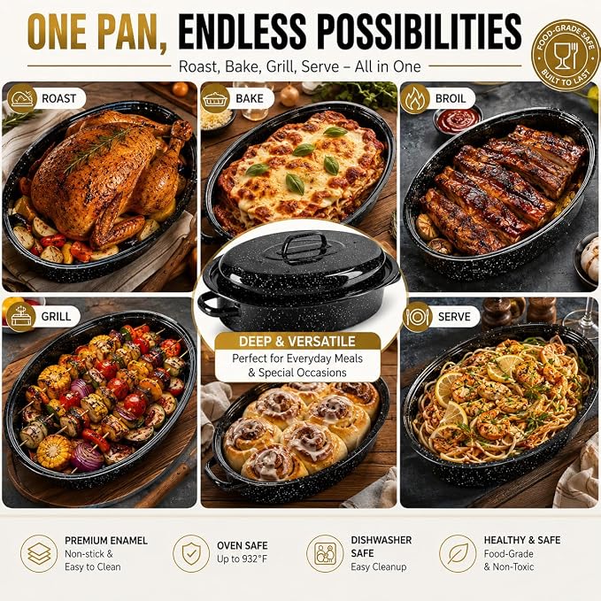 16 Inch Enamel Roasting Pan with Lid & Rack – Small Roaster Pan for Chicken, Vegetables, Lasagna – Oven & Dishwasher Safe, 932°F Heat Resistant – Includes Silicone Handles & Cleaning Sponges