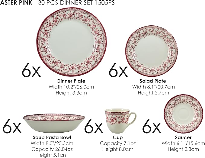 Tudor Royal Collection 30 Piece Round Dinnerware Set, Service for 6, Aster Pink Design, Red Floral, Plates Bowls Saucers Mugs Dishes, High Gloss Premium Quality