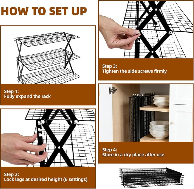 4 Tier Collapsible Cooling Rack with Adjustable 6 Setting Design stackable wire rack for baking sheet for Cookies Baking Gifts for Women (Black, 4-Tier)