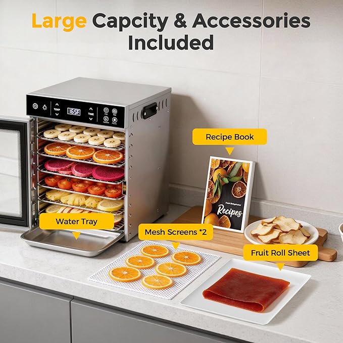 Suteck Food Dehydrator with 10 Stainless Steel Trays, 400W Dehydrator Machine with Dual Fans & 360° Airflow, Digital Temp & Time Control with 4 Presets, Quiet Food Dryer for Jerky, Fruit, Flower, Meat