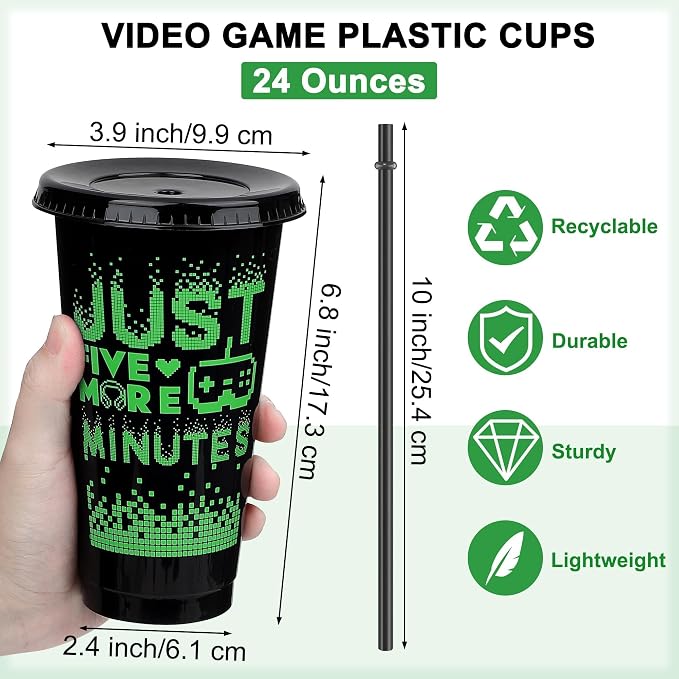 Kochorie 24 Pieces Video Game Plastic Cups 24 Ounces Gaming Party Cups with Lids and Straws Black Green Video Game Tumbler Cups for Birthday Party Video Game Party Supplies Tableware