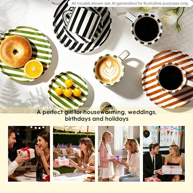 Ceramic Coffee Mug Set with Plates, 3-Piece Black Striped Mug Coffee Mug Ceramic Tea Cups and Saucers & Dessert Plate, Unique Coffee Mugs, M/W, D/W & Fridge Safe, Gift for Women, Coffee Lover Gifts
