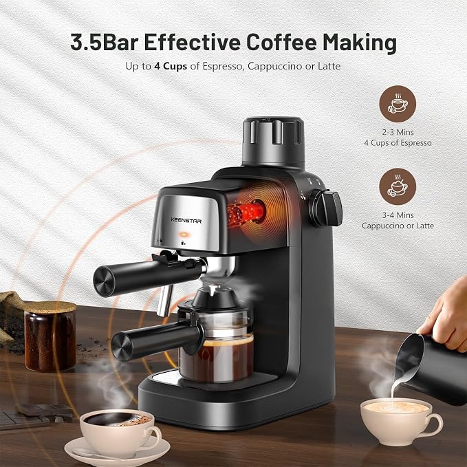 KEENSTAR 3.5Bar Espresso Machine with Milk Frother, 800W Compact Expresso Coffee Machines with Preheating Function, 4 Cup Espresso Maker for Latte or Cappuccino Upgraded Version