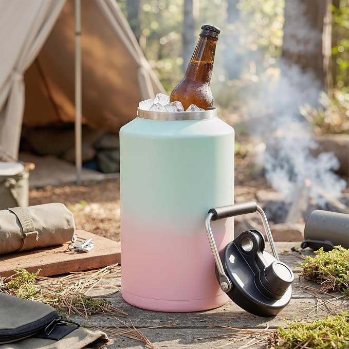 Kerilyn Insulated Gallon Jug with Handle, One Gallon, 128oz Stainless Steel, Large Double Vacuum Water Bottle for Hot & Cold Drinks, Wide Mouth, Sweat Proof, Great for Travel, Camping, Tricolor