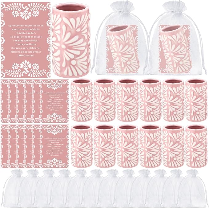 12 Set Cielito Lindo Party Favors Mexican Tequila Shot Glasses Mexican Pottery Gift Mugs for Tequila Lover Favors Birthday Party Supplies (Pink, Handleless)