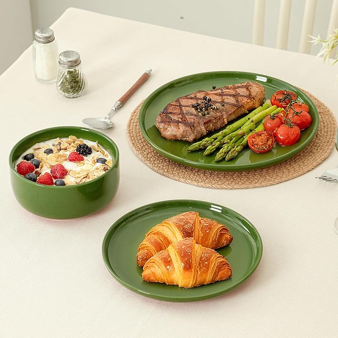 24 Piece Dinnerware Set, Dual Glaze Stoneware Plates and Bowls Sets, Modern Dinner Plate, Salad Plate, Cereal Bowl, Dish Set for 8, Microwave and Dishwasher Safe, Forest Glaze Green