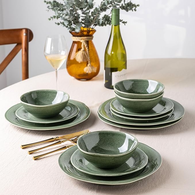 AmorArc Ceramic Dinnerware Sets, Handmade Stoneware Reactive Glaze Plates and Bowls Set, Scratch Resistant | Dishwasher & Microwave Safe, Service for 4 (12pc)