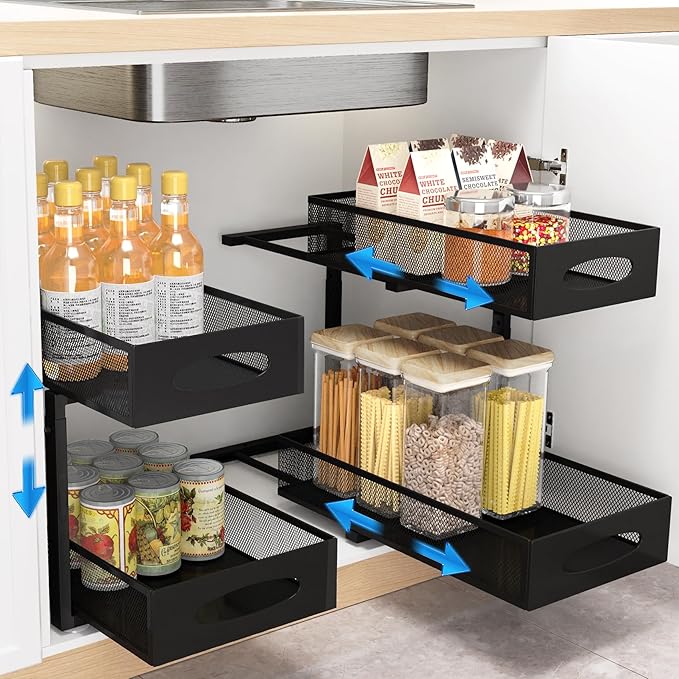 1PC Pull out Cabinet Organizer Fixed with Adhesive Nano Film+1PC Under Sink Organizer Bundle