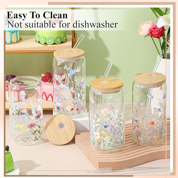 Mumufy 24 Pack Wildflower Glass Cups Gift Aesthetic Cute Glass Cup Tumbler Flower Iced Coffee Mugs 16 oz with Bamboo Lid & Straw, for Wedding Birthday Bridesmaid Mom Baby Shower