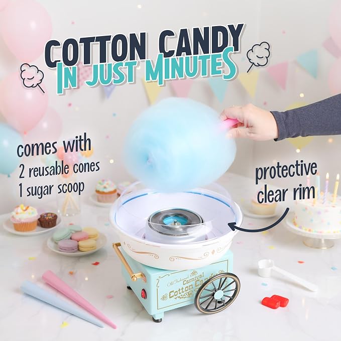 Nostalgia Vintage Hard and Sugar Free Candy Countertop Cotton Candy Maker, Includes 2 Reusable Cones And Sugar Scoop – Aqua