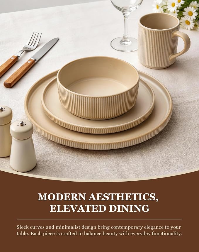 OTAGO 24-Piece Dinnerware Set for 6 with Mugs, Ribbed Stoneware Plates and Bowls Sets, Unique Handcrafted Reactive Glaze, Chip and Scratch Resistant Dish Set, Microwave & Dishwasher Safe, Yellow
