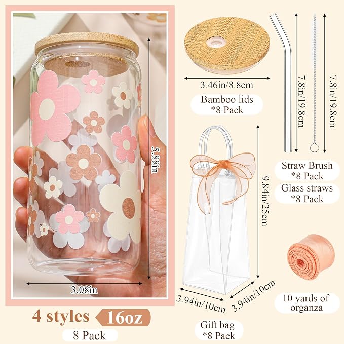 Mumufy 8 Sets Cute Boho Glass Cups with Clear Gift Bag 16 oz Reusable Pink Iced Coffee Mugs Aesthetic Cute Tumbler with Lids and Straws, Gifts for Girls Women Bridesmaid