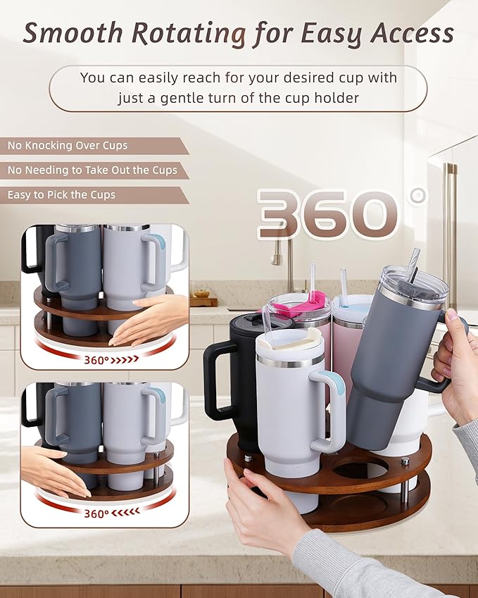 Rotating Wood Tumbler Organizer, 30 oz 40 oz Spinning Turnable Tumblers Holder, 360° Rotatable 7 Large Cups Bottle Tumbler Storage Display Stand, Rotate Syrup Organizer for Cabinet Countertop