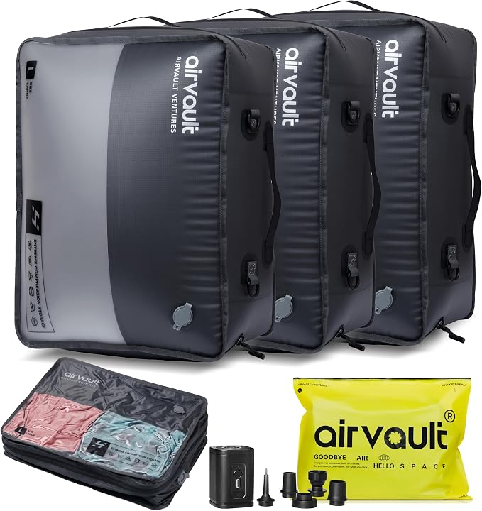 AirVault Reusable Vacuum Compression Travel Bag for Carry-On Suitcase and Backpack, Recycled IPX8 Waterproof Space Saver Vacpack (41L Gray (3-Pack) (Air Pump Included)