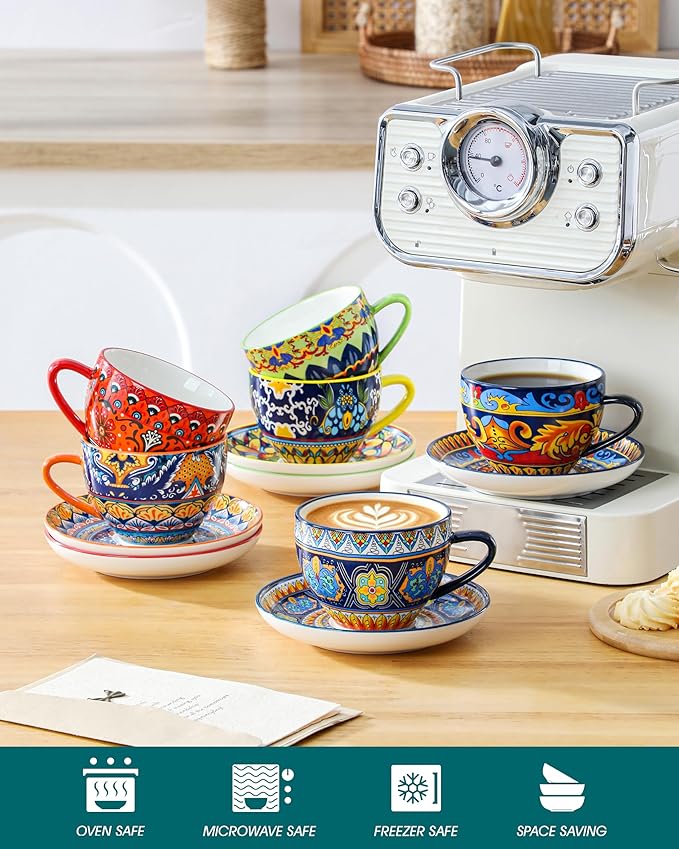 vancasso 8oz Cappuccino Cups with Saucers, Bohemian Coffee Cup for Latte, Espresso, Tea Porcelain Tea Cups and Saucers Set of 6 Teacup Microwave & Dishwasher Safe