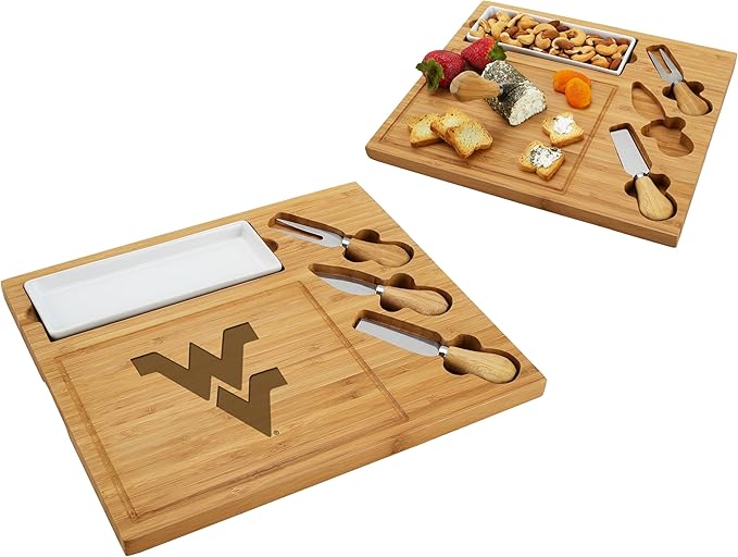 NCAA West Virginia Mountaineers Officially Licensed Bamboo Cheese/Charcuterie Board with Knife Set & Cheese Markers by Picnic at Ascot